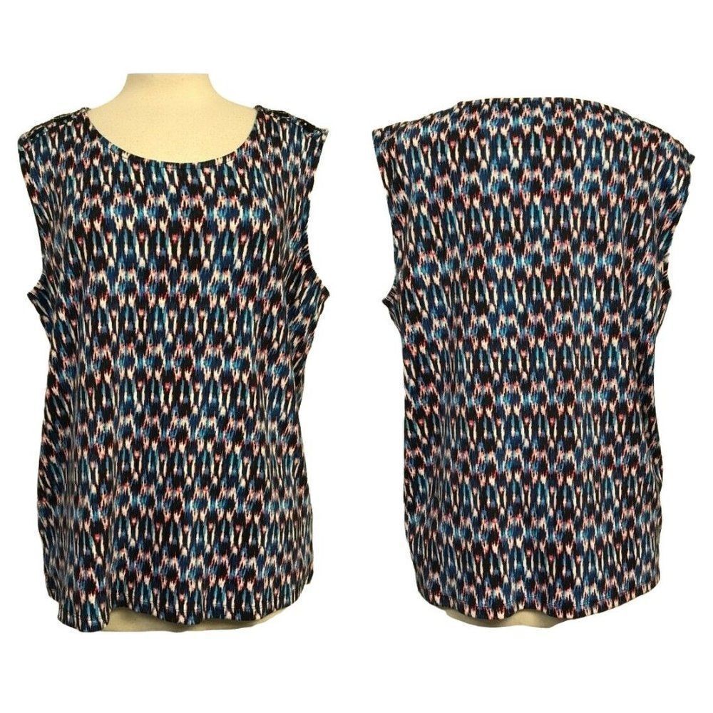 Rafaella Laced Shoulders Navy Flame Print Top Sz 2X Sleeveless Cotton Knit  NEW